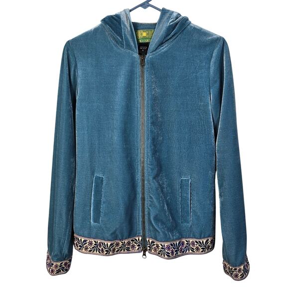 Tracy Porter Hooded Jacket Women's S Teal Blue Floral Ribbon Trim Polished Boho - Picture 1 of 10